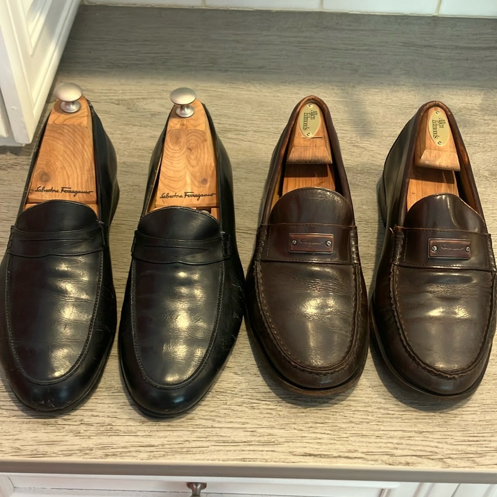 Salvatore Ferragamo Black and Brown Leather Loafers Lot of Two